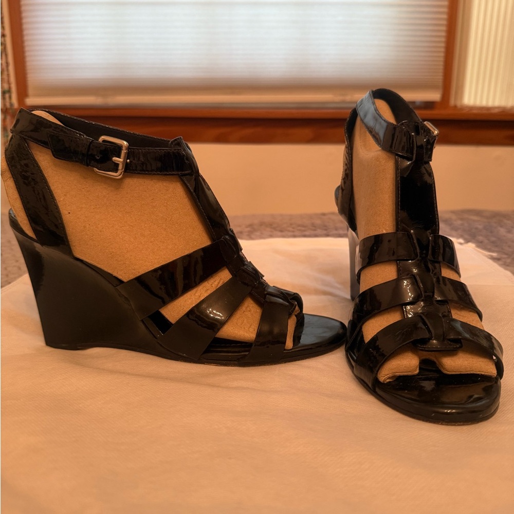 Theory Black Patent Leather Wedge Sandals